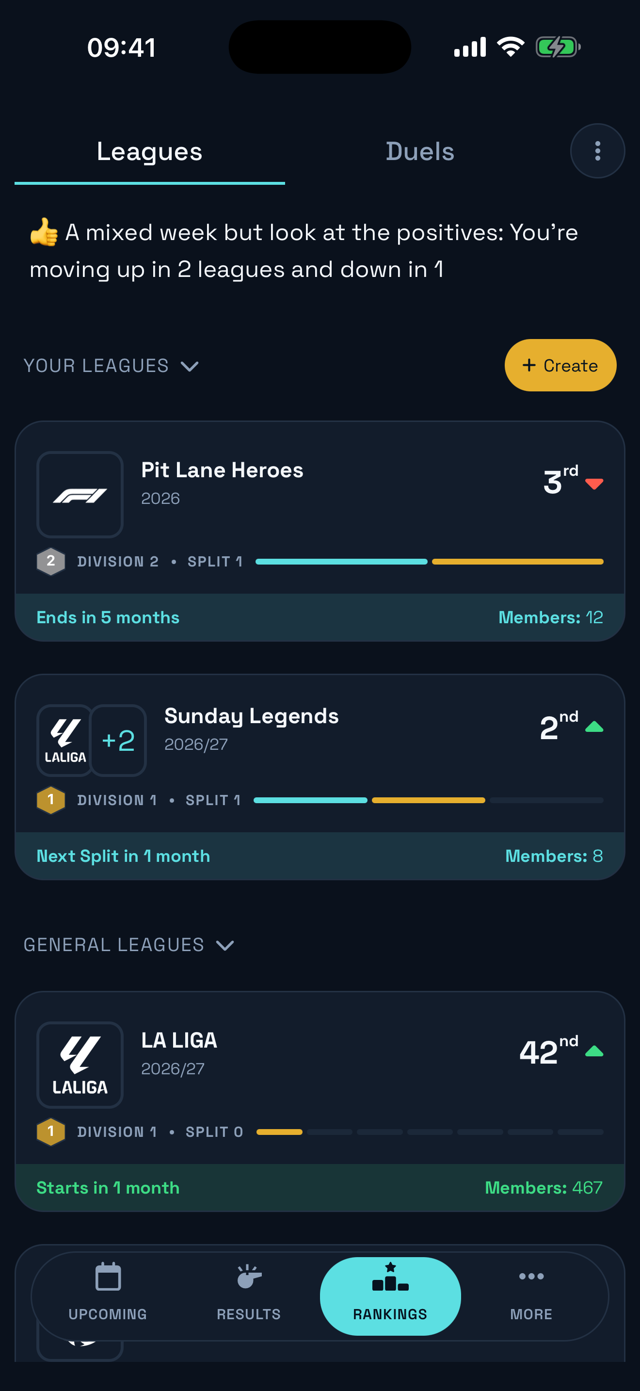 Ballkie Leagues screen showing private and general leagues