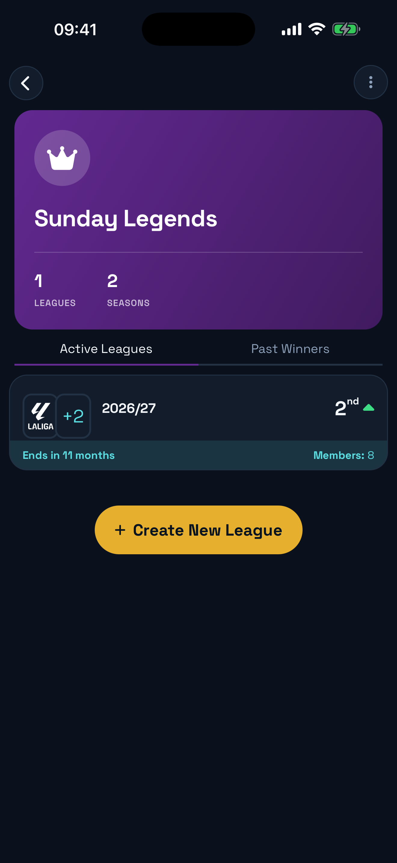 Ballkie Dynasty screen showing active leagues and past winners