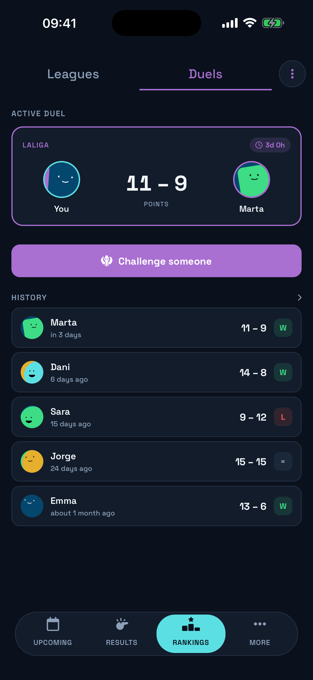 Ballkie Duels hub showing an active duel, points and history